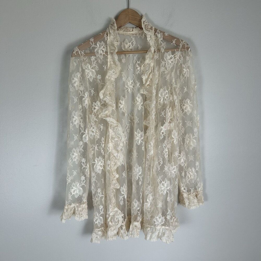 Heirloom Lace Vintage L Cardigan White USA Made Boho Western Frilly Ruffle Ivory